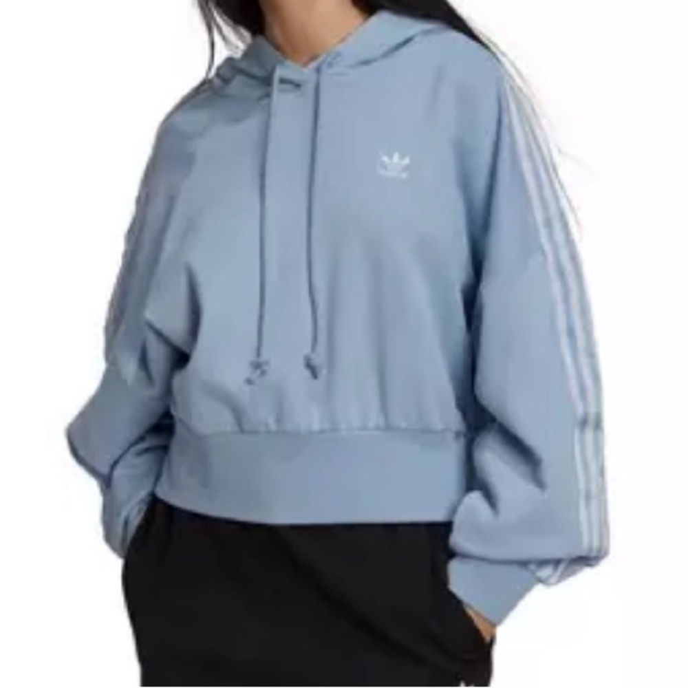 Adidas Women's Blue Adicolor Classics Satin Tape Cropped Hoodie Large